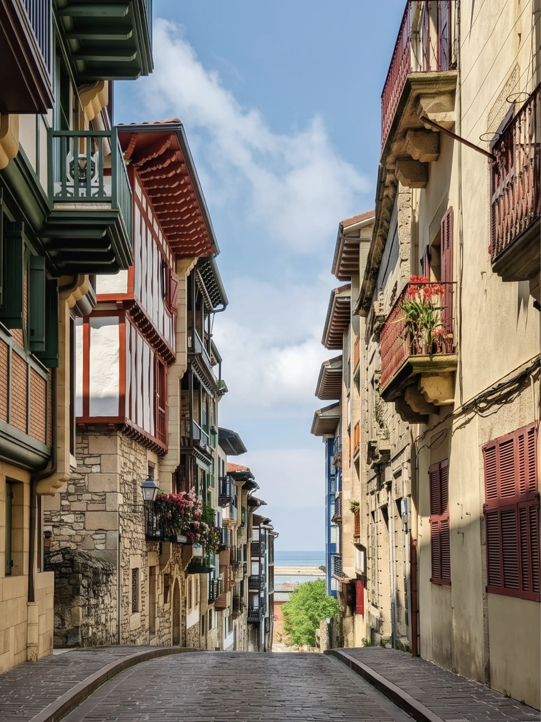A narrow old-town street lined with painted wooden balconies, opening toward the sea.